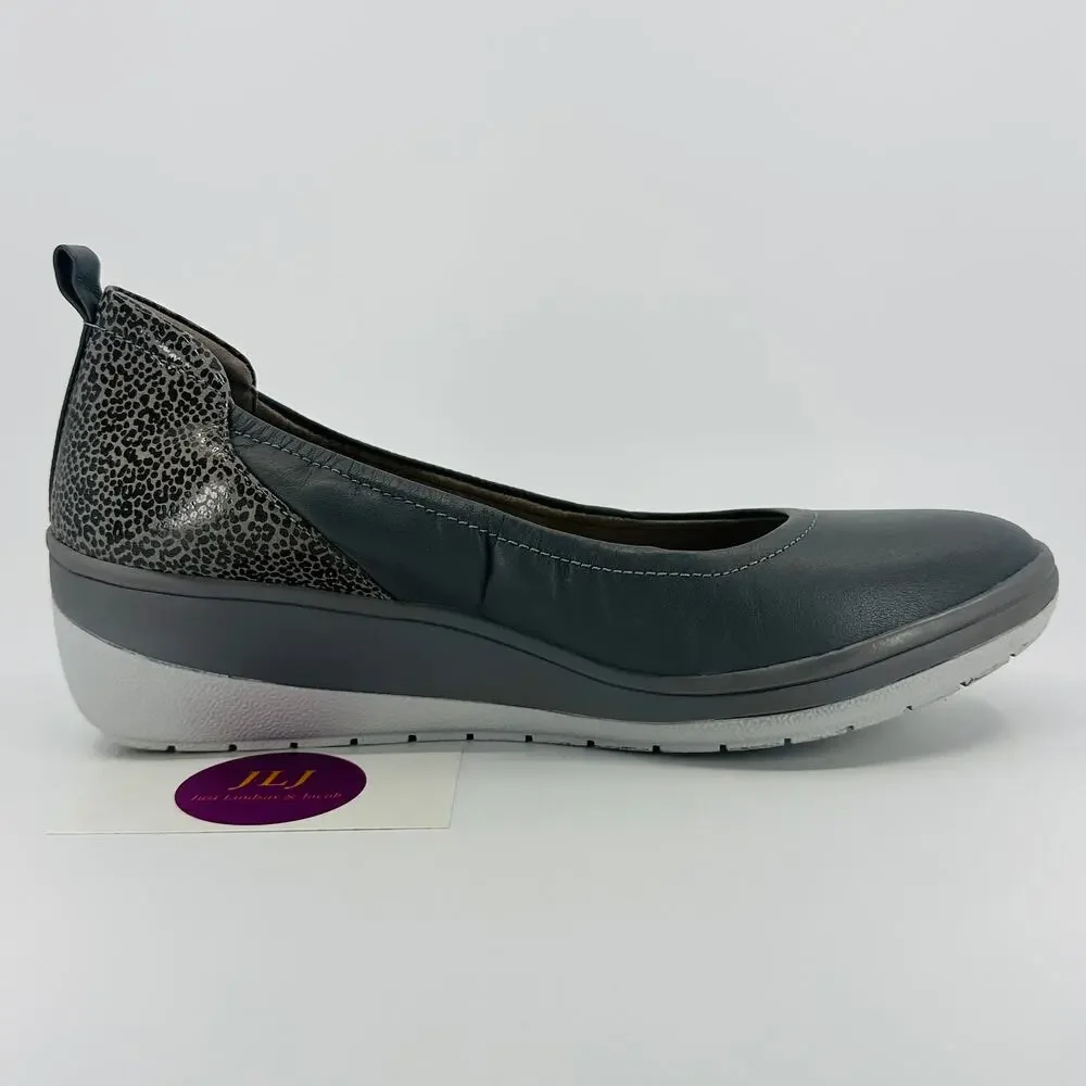 Vionic Women's Jacey Gray Leather Slip On Comfort Wedges Charcoal/Leopard Size 8